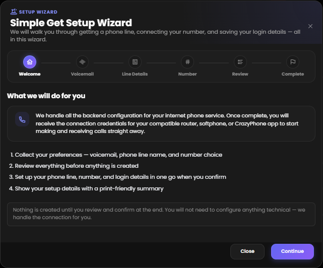 Crazytel simple setup wizard